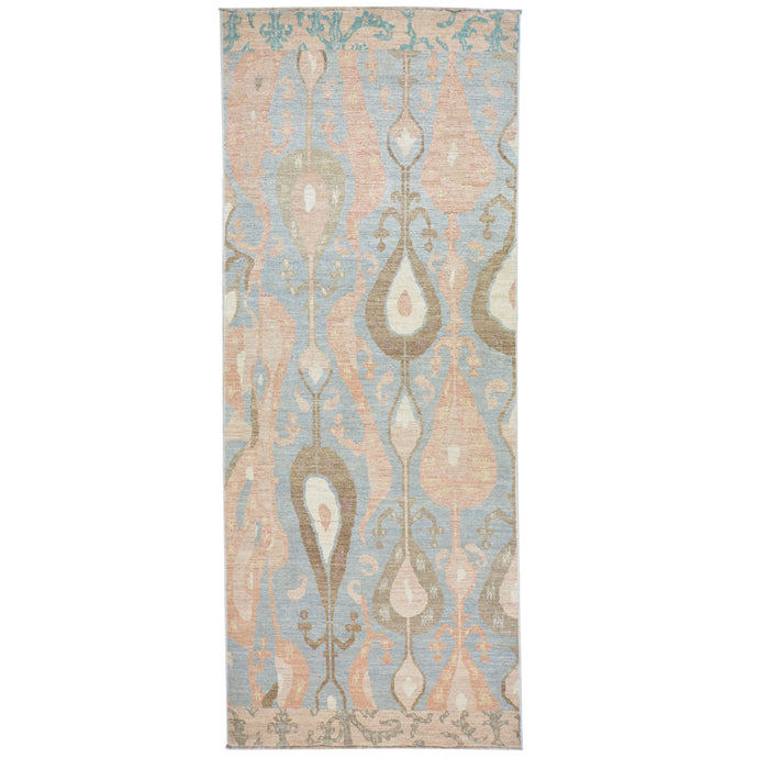 Hand-Knotted Wide Runner Ikat Design 100% Wool Rug Handmade (Size 4.2 X 10.3) Cwral-1443