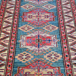 Hand-Knotted Fine Super Kazak Rug Geometric Design 100% Wool (Size 2.9 X 10.0) Brrsf-207