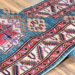 Hand-Knotted Fine Super Kazak Rug Geometric Design 100% Wool (Size 2.9 X 10.0) Brrsf-207