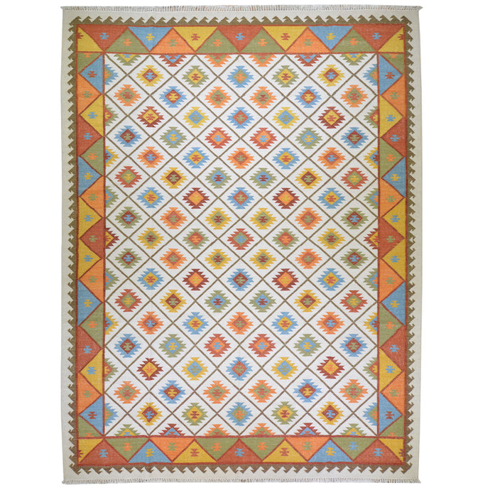 Hand-Woven Indian Durrie Kilim Reversible Wool Rug (Size 10.4 X 13.8) Brrsf-585